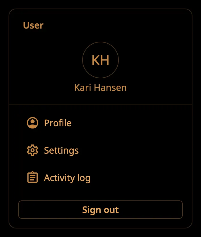 User Menu in the night palette