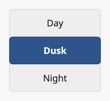 Vertical toggle button with the options Day, Dusk and Night