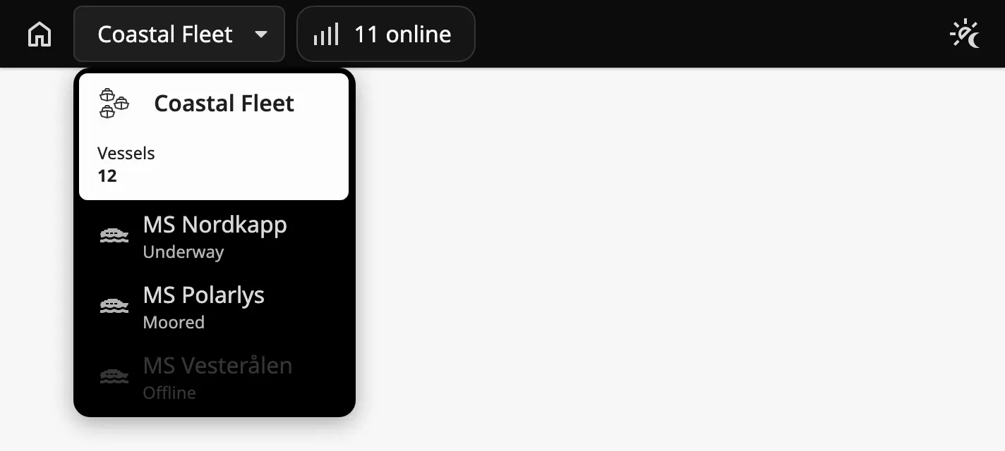 Vessel selector with its list open